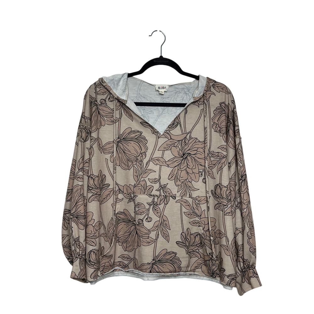 BiBi Floral Hoodie Top Taupe Lightweight Pullover Small Boho Casual